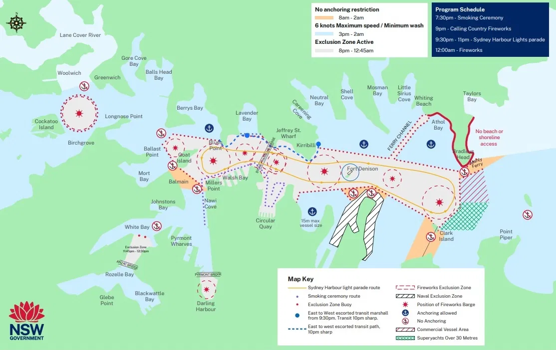 Map of Sydney Harbour showing New Year’s Eve fireworks barges and exclusion zones