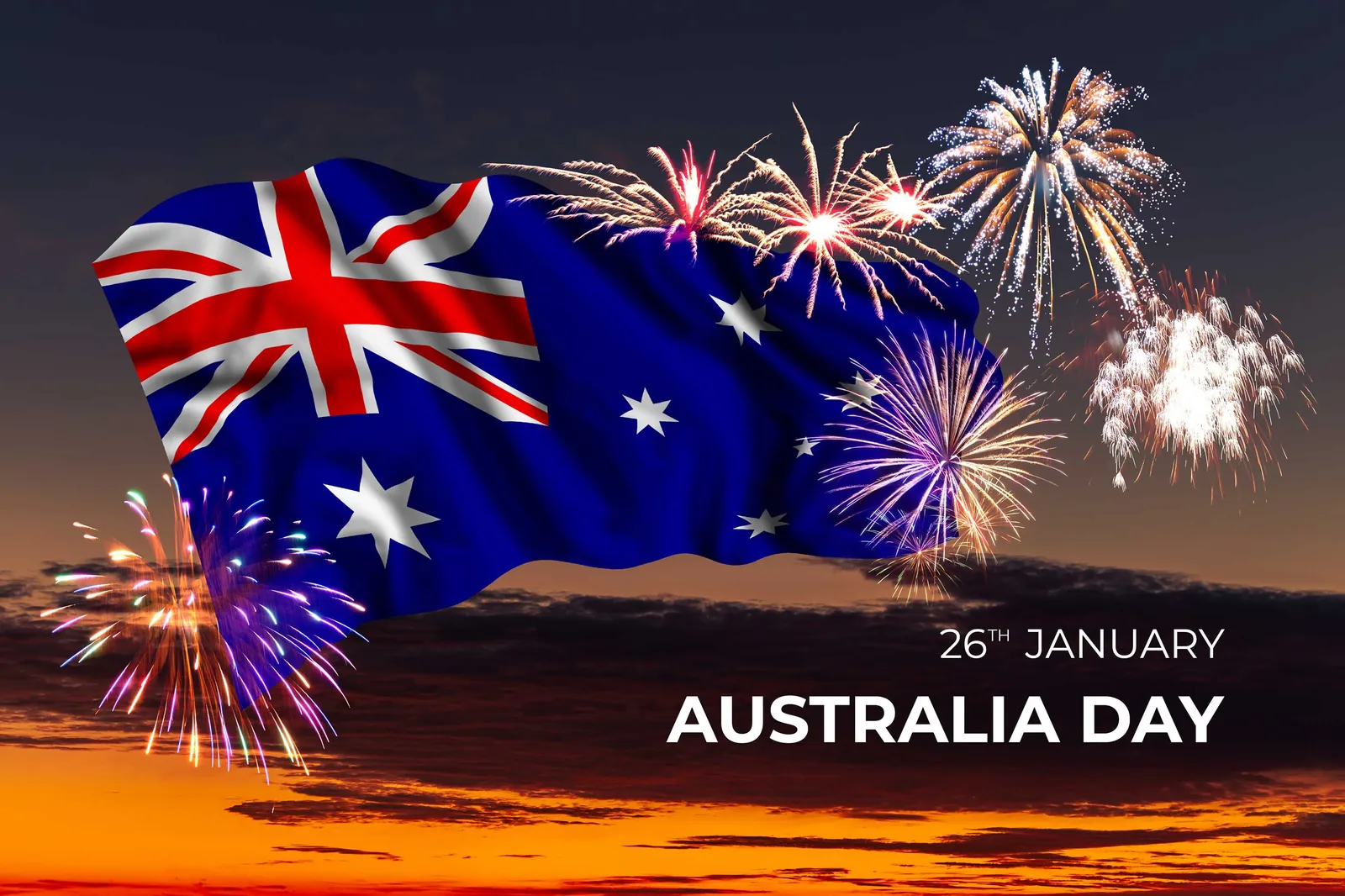 Australian flag and fireworks celebrating Australia Day on Sydney Harbour