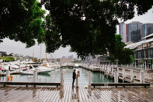 Bride and groom arriving at Pyrmont Registry by Majestic water taxi